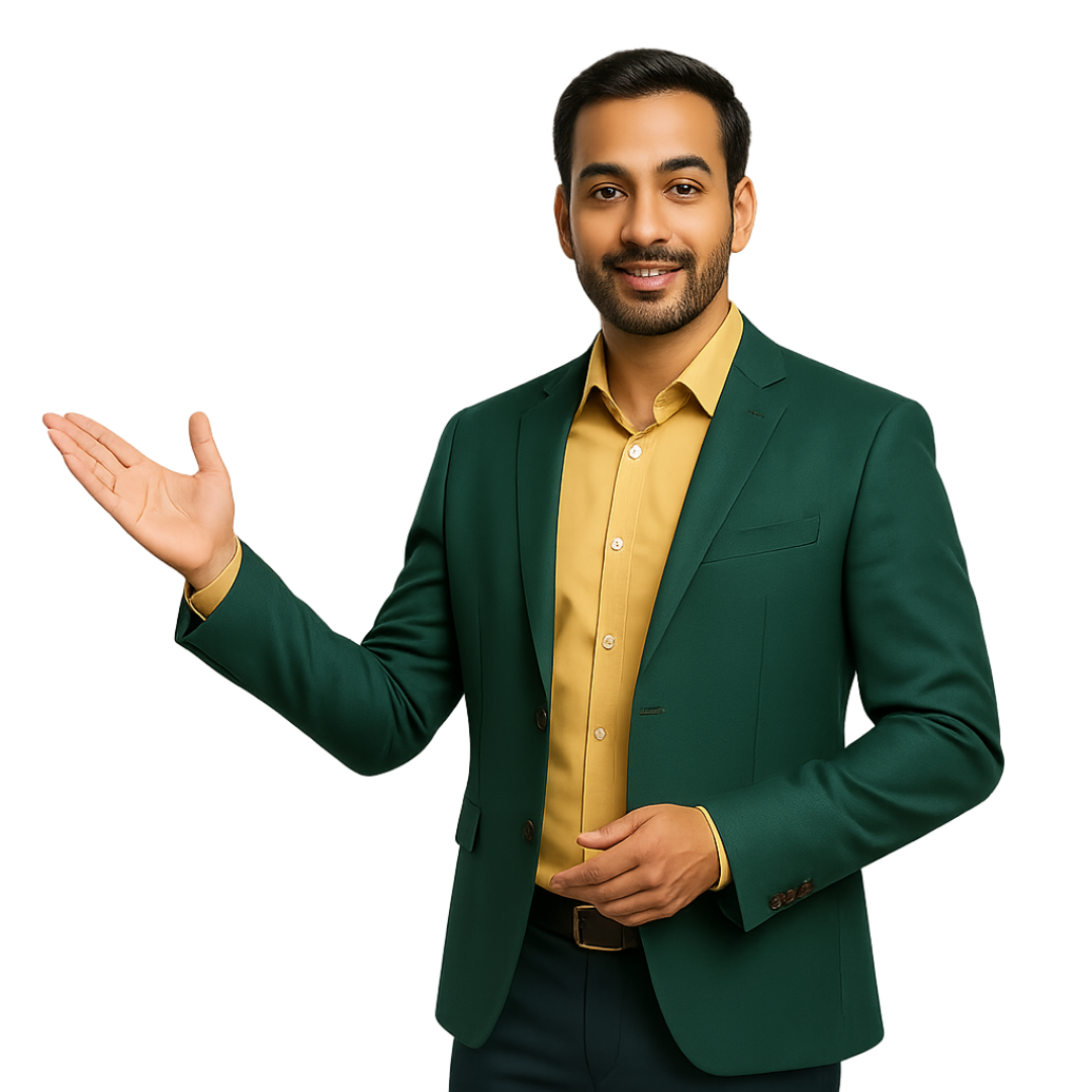 Indian professional in formal attire presenting company features with confident hand gesture – Universal Cargo & Equipments branding