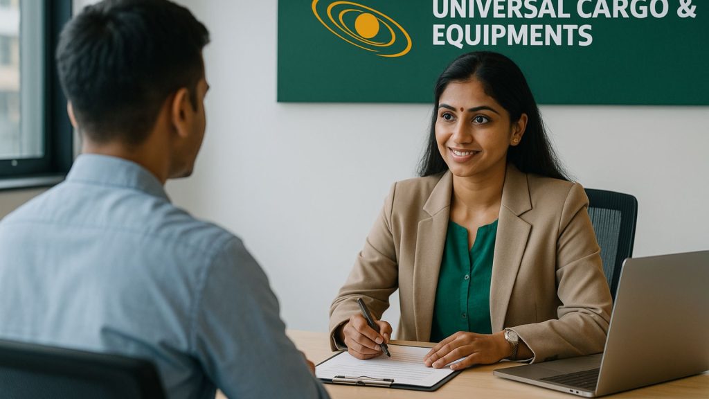 Female HR executive at Universal Cargo & Equipments conducting a job interview with a candidate inside the UCE office.